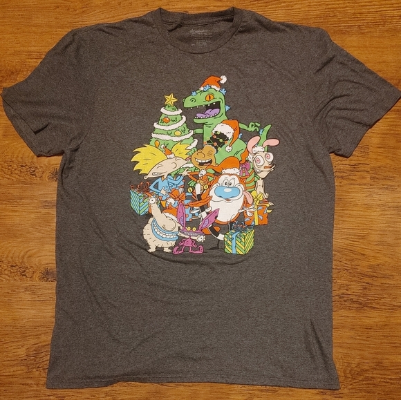 Nickelodeon Christmas Shirt Hey Arnold! Rugrats The Ren & Stimpy Show xmas tee - Picture 1 of 5